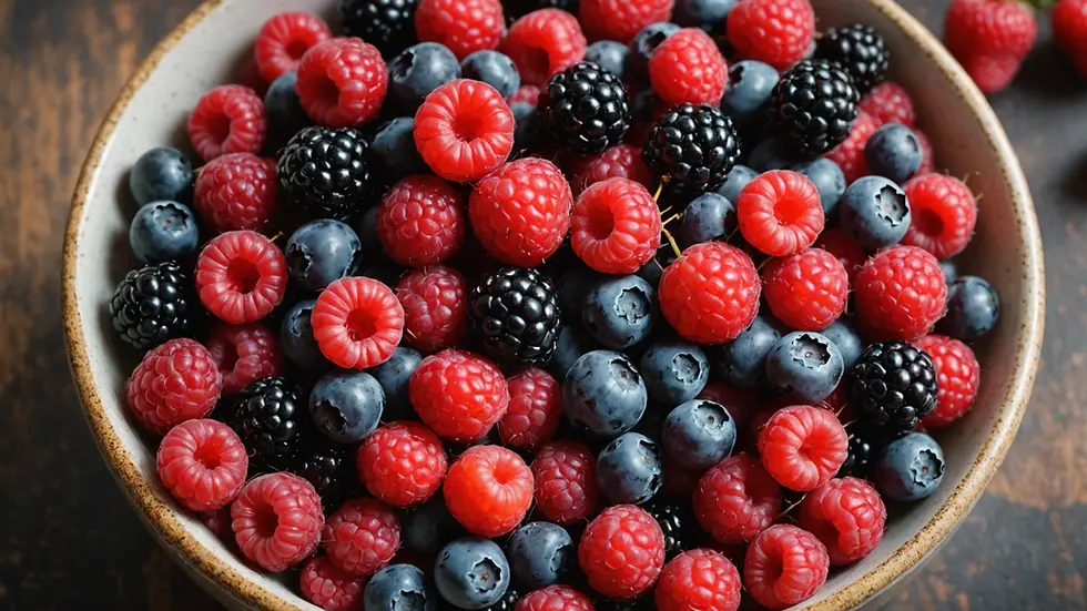 Close-up view of a colorful bowl of mixed berries