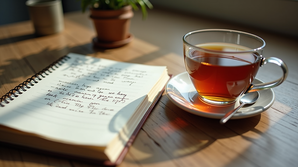 Close-up of a journal with handwritten notes and a cup of herbal tea on a wooden table