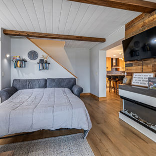 Spacious living room with river views and queen sofa sleeper