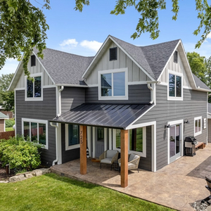 Modern Gray House with Gabled Roof and Porch