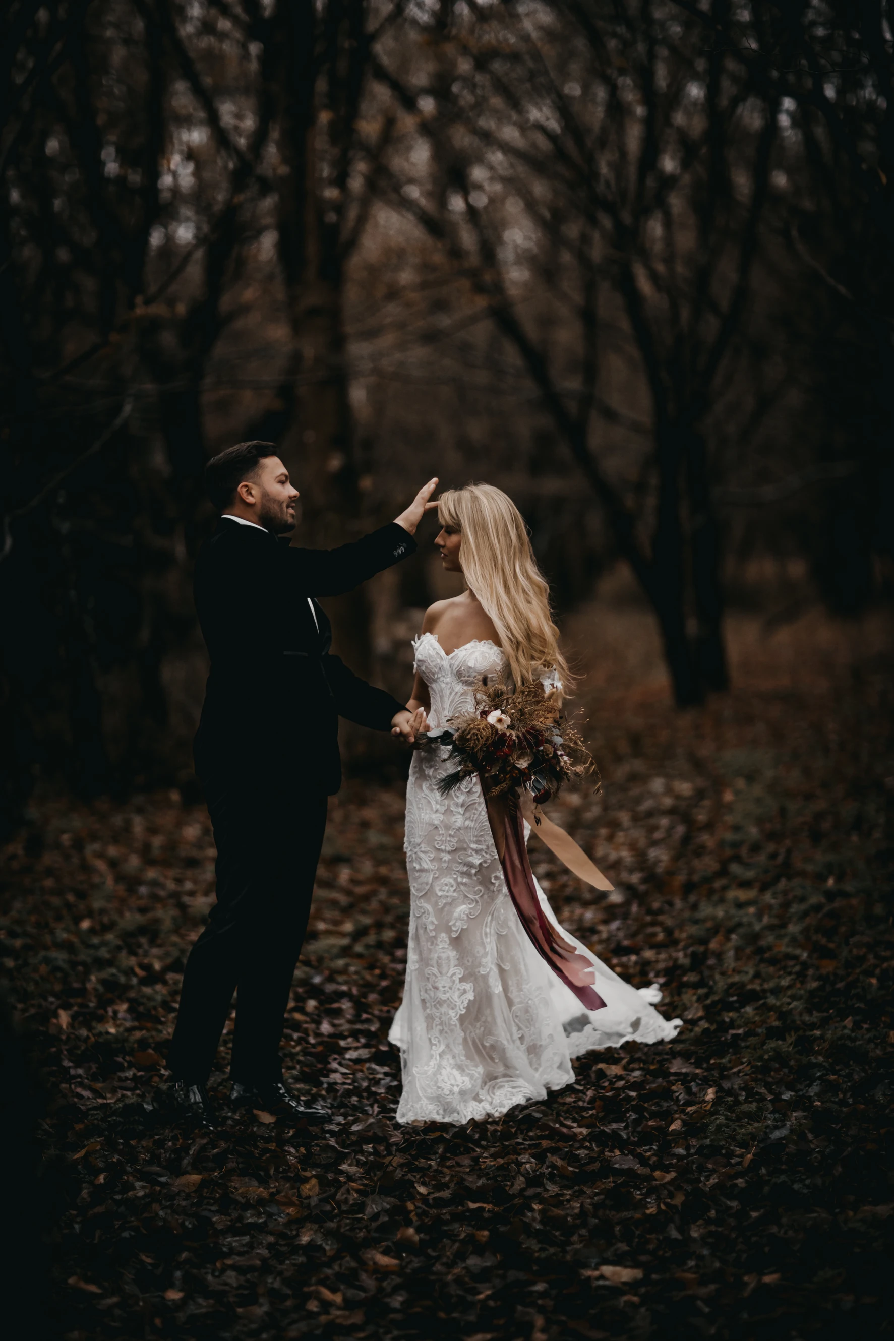 winter wedding in the woods lace wedding dress