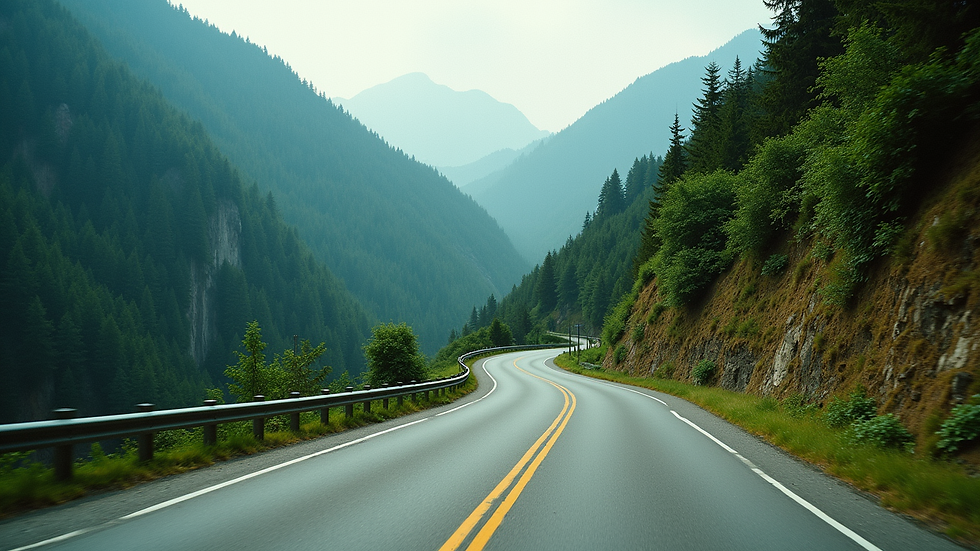 Wide angle view of a winding mountain road surrounded by lush greenery