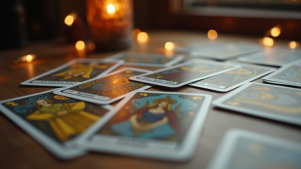 Close-up view of tarot cards laid out on a wooden table