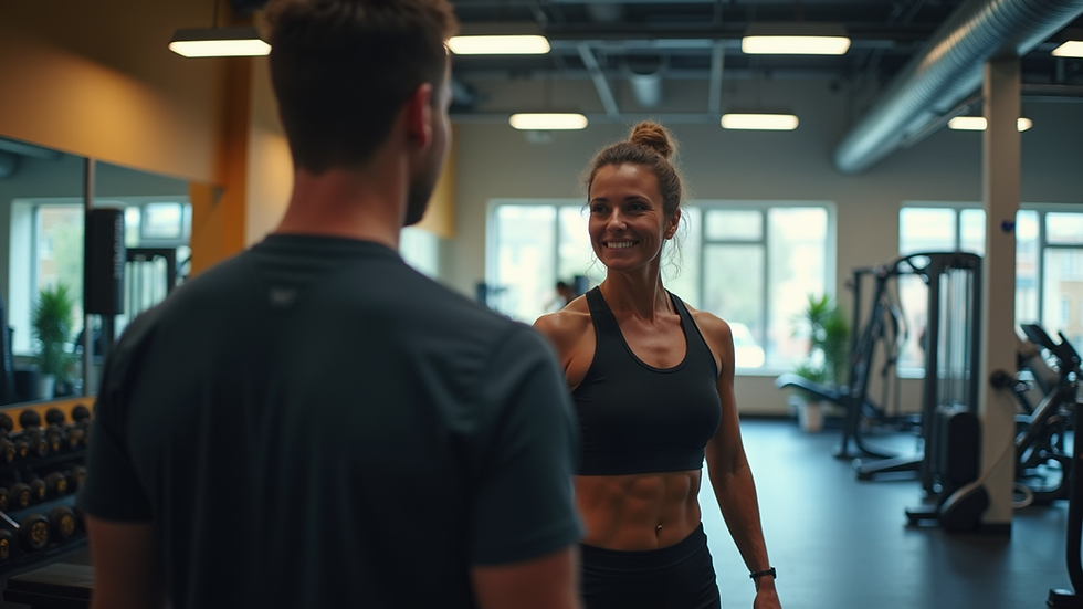 Eye-level view of a personal trainer guiding a client through a workout in a gym
