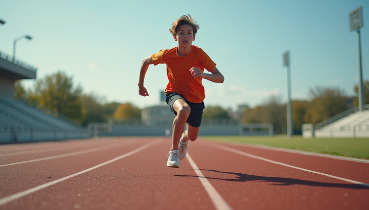 Eye-level view of a young athlete performing a sprint drill on a track