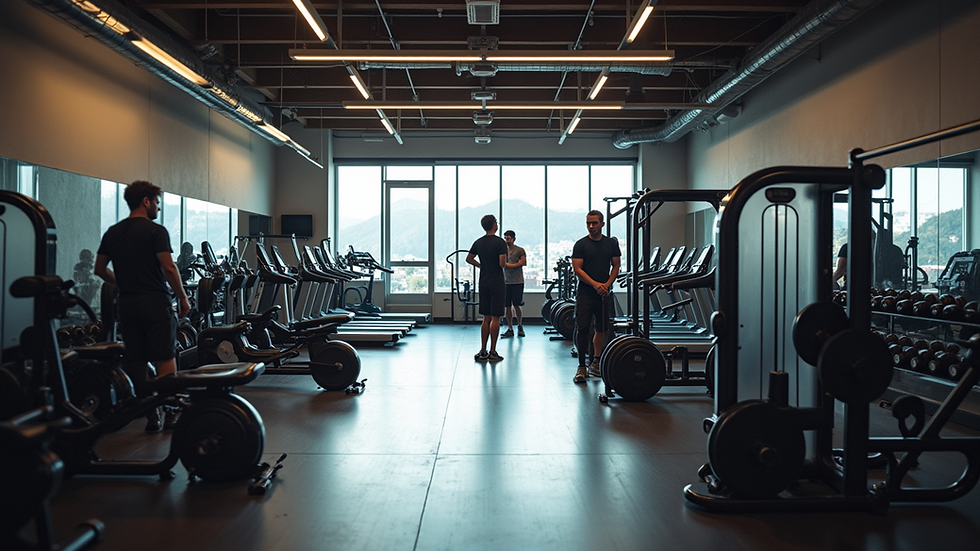 Wide angle view of a Seattle gym with fitness equipment and trainers