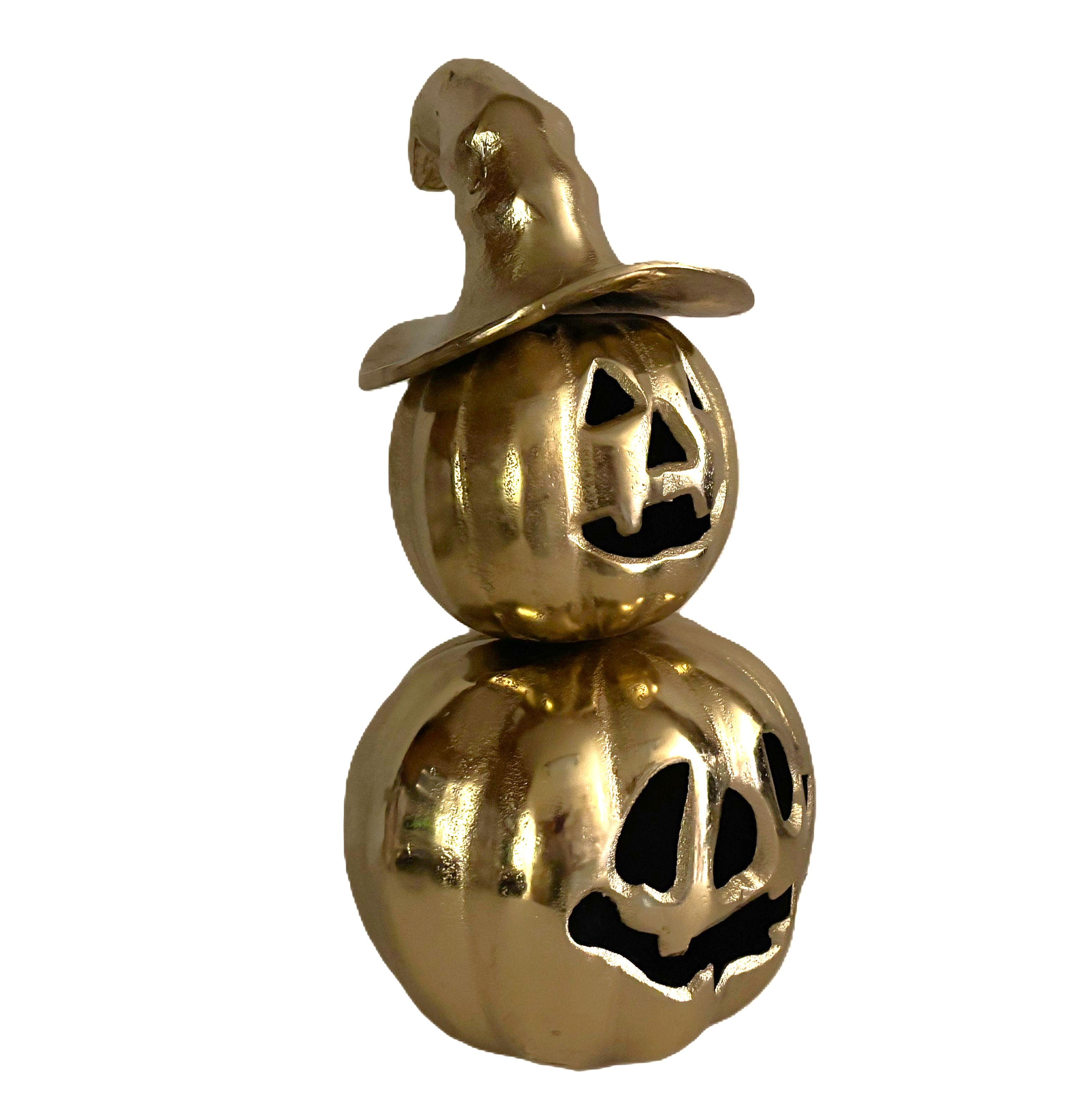 Halloween Gold-Colored Metal Pumpkin Man with Witch's Hat 12+ Inches High