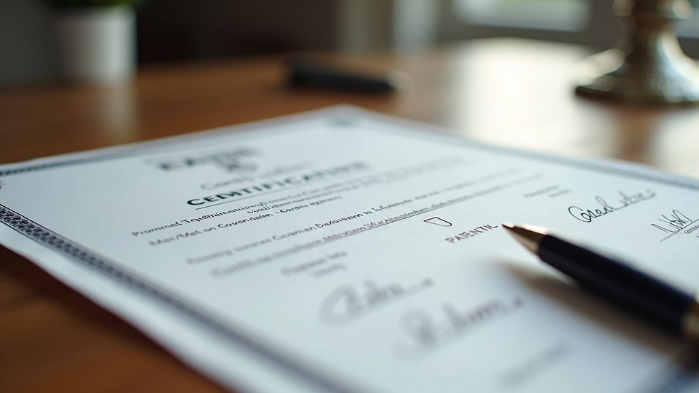 Close-up view of a patent certificate on a wooden table