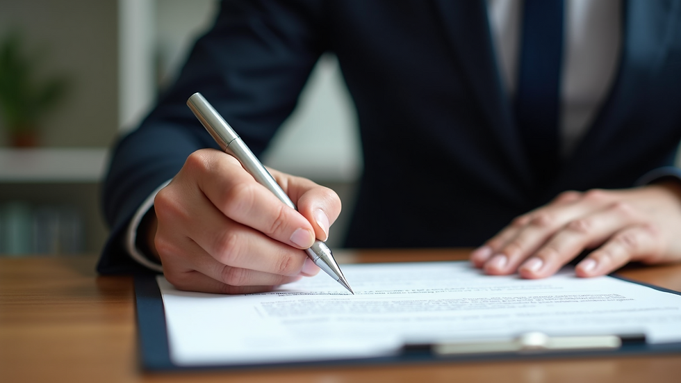 Close-up view of a contract being signed on a wooden table