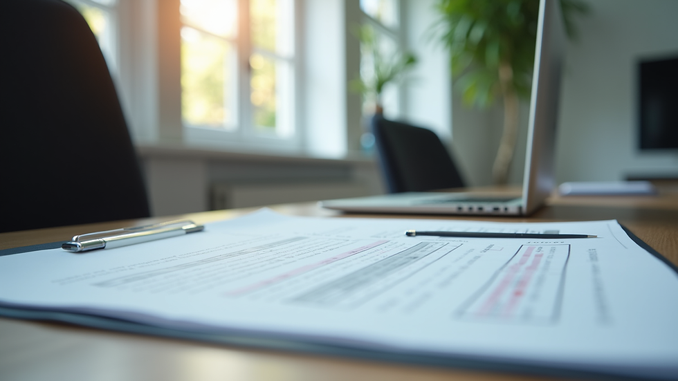 Eye-level view of a modern office desk with legal documents and a laptop