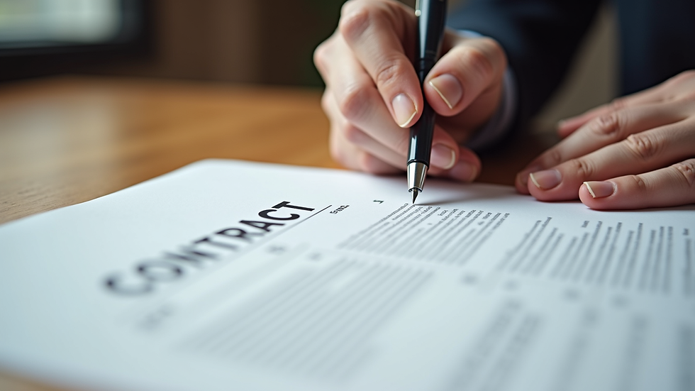 Close-up view of a signed contract with a pen on a wooden table