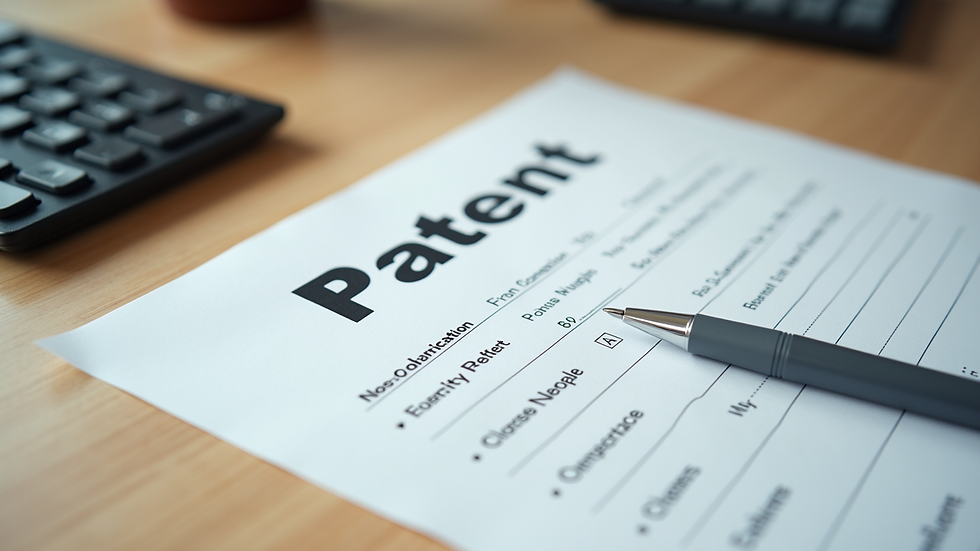 Close-up view of a patent application form with a pen on a wooden table