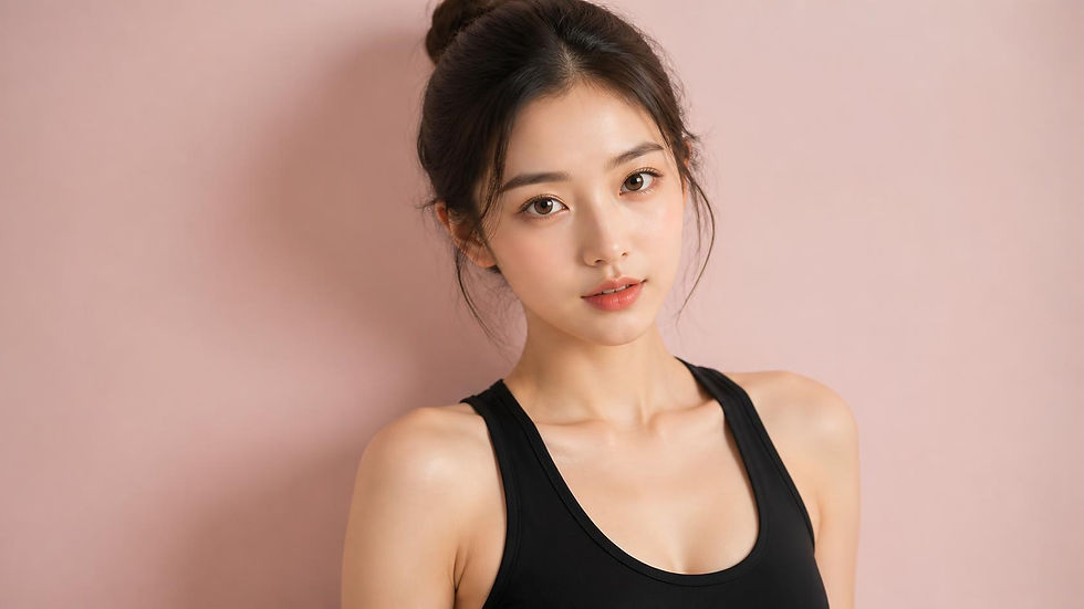 generate an image of a pretty young Korean model, clean look, bright eyes, black tank top,