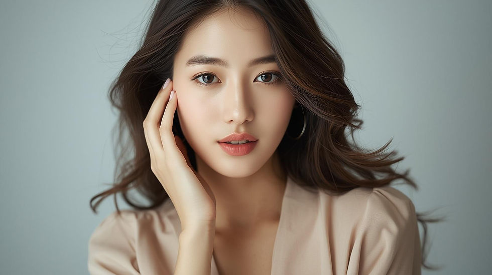 korean woman model with radiant skin, touching her face ,soft pink lips, beige blouse, wav
