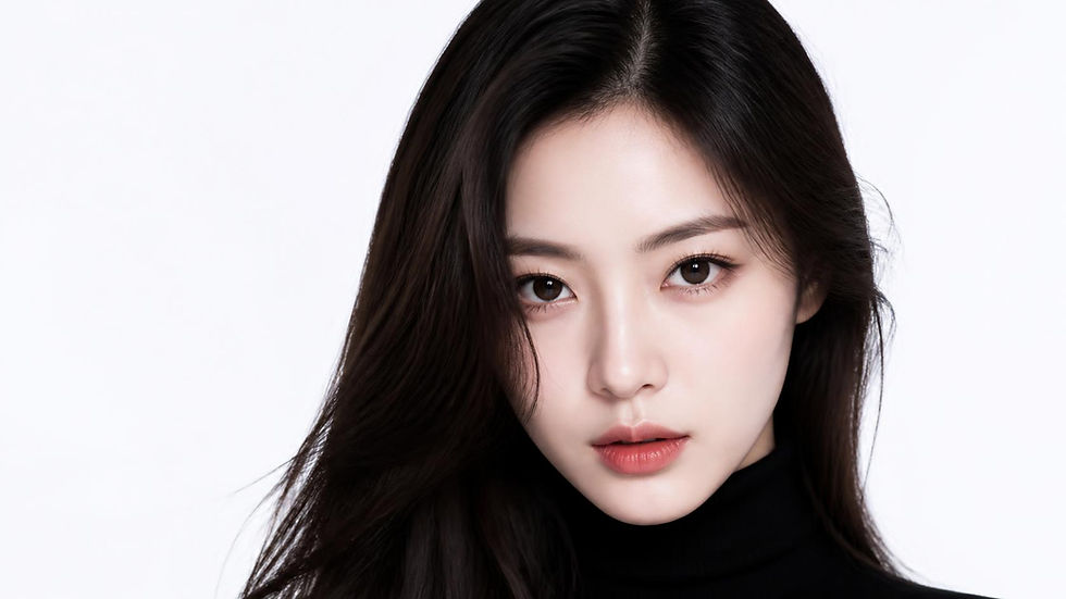 hyper realistic beautiful Korean woman face model, bright eyes, white skin, piercing look,