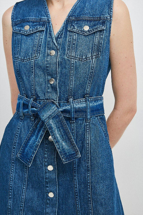 Thumbnail: KAREN MILLEN Seamed Belted Denim Dress (RARE & COLLECTABLE)