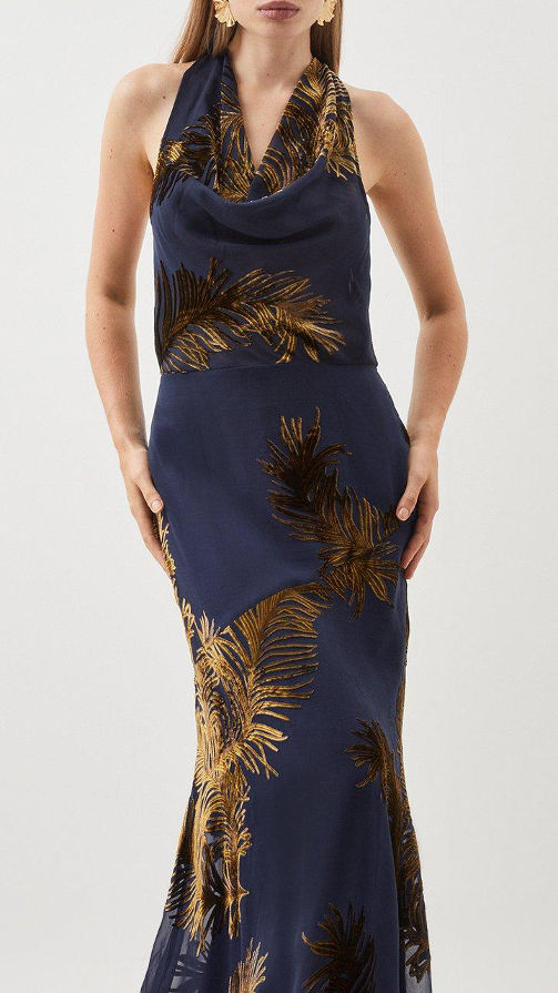 Miniatura: KAREN MILLEN Tall 5'10 & Over Feather Devore Halter Neck Woven Long Dress (RARE)
