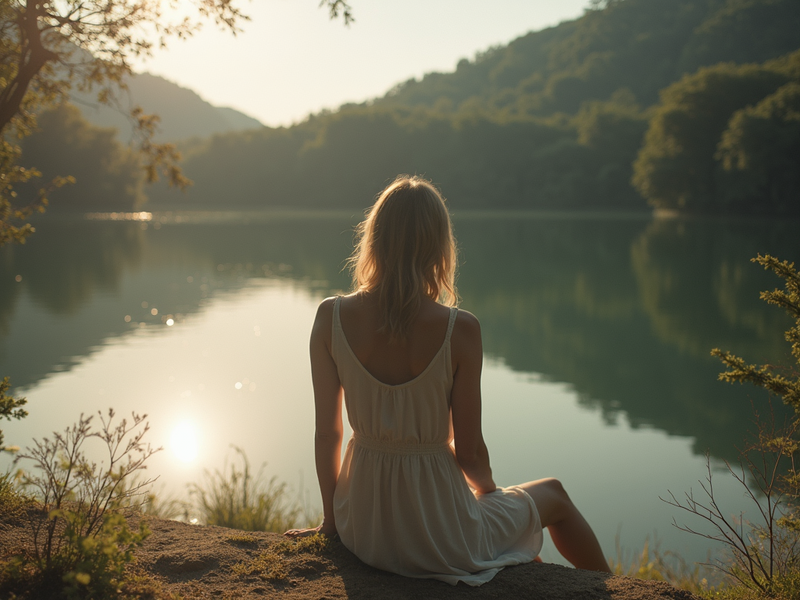 Women reflecting peacefully near a lake. 