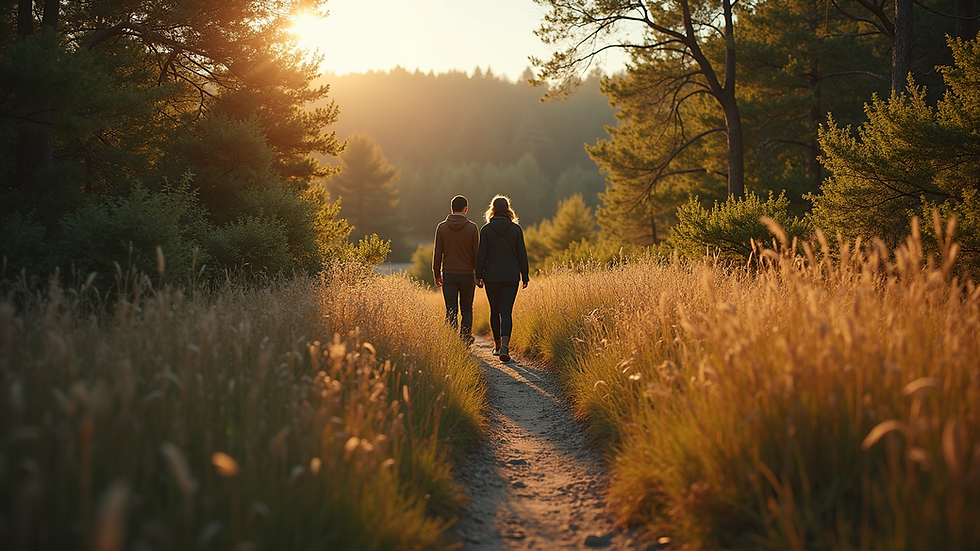 High angle view of two people walking on a nature trail