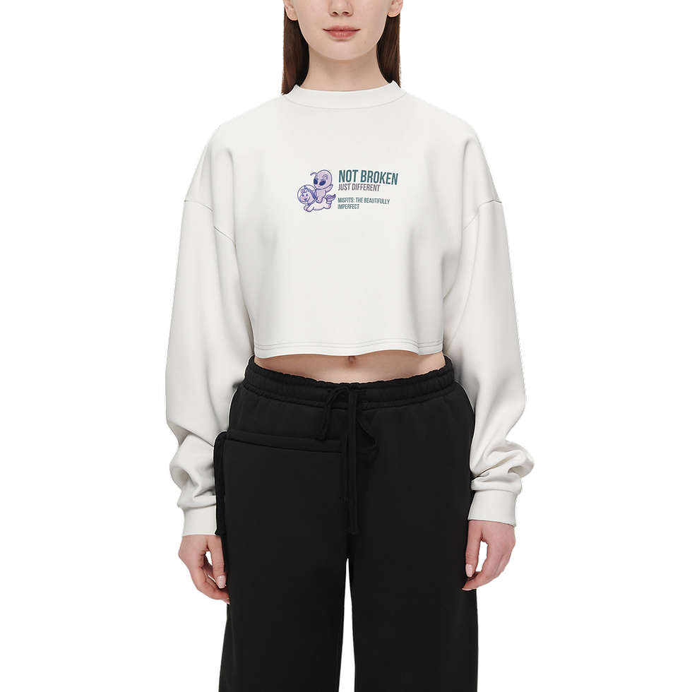 Thumbnail: Woman in white cropped sweatshirt with "NOT BROKEN, JUST BENT" text.