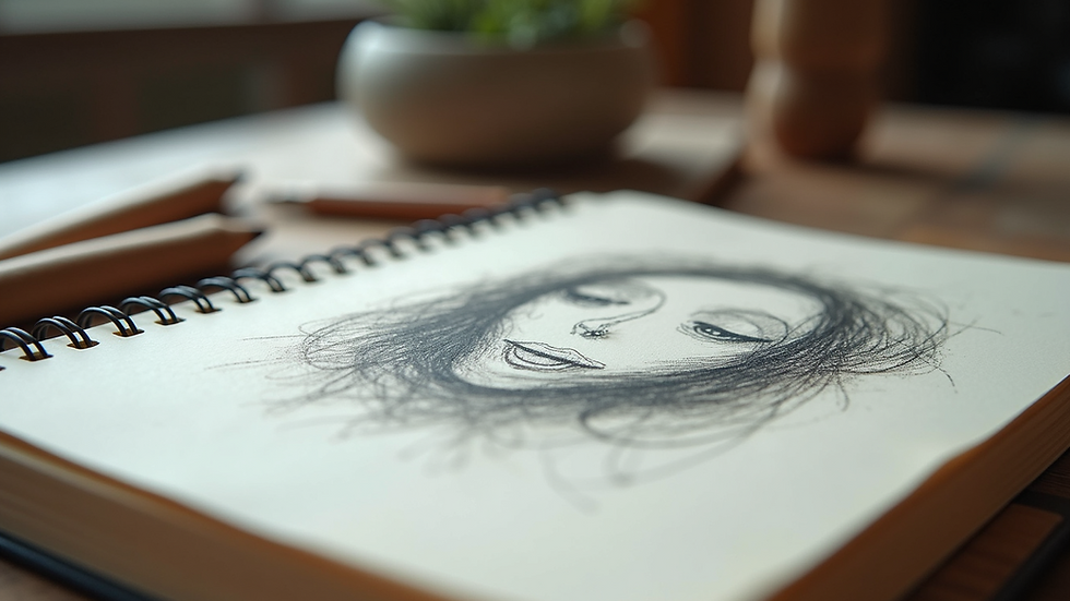 Close-up view of a sketchbook with imperfect but heartfelt drawings