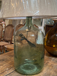 Antique French early 20th century green cylinder shaped wine "bonbonne" demijohn lamp