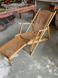 Vintage French folding painted wood & cane deck lounge chair