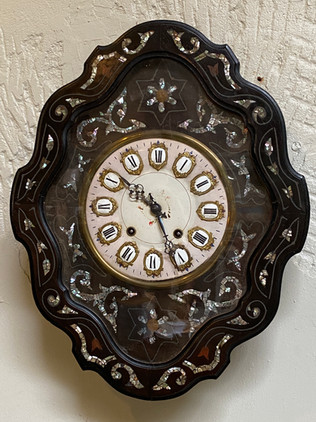 Antique French Napoleon III ebony diamond shaped wall clock with mother-of-pearl inlay & enamel
