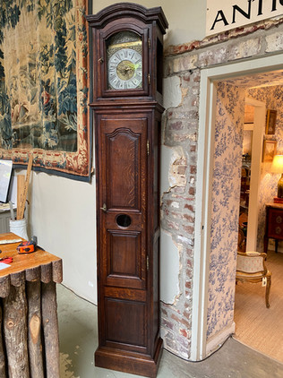 Antique French oak longcase grandfather clock with pewter & brass face stamped DEMONT A AIBES 1773