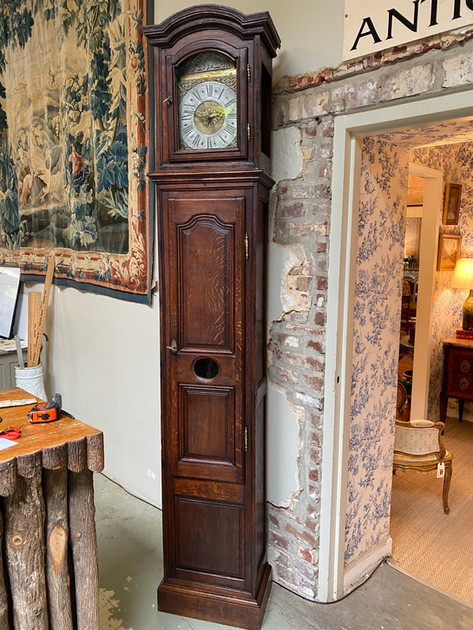 Antique French oak longcase grandfather clock with pewter & brass face stamped DEMONT A AIBES 1773