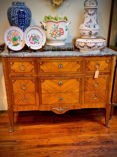 Antique French Transitional Louis XV–XVI Style Mid-19th Century Walnut Parquetry Commode with Marble Top