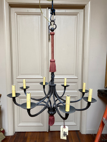 Antique Spanish wrought iron and rope 8 arm chandelier