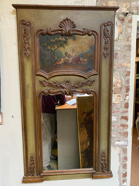 Antique French Napoleon III style late 19th century painted & parcel gilt trumeau with courting couple painting