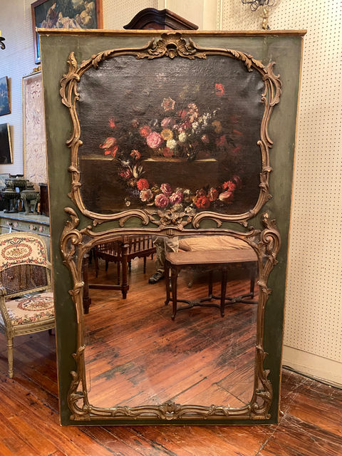 Antique French Louis XV 18th century carved gilt and painted trumeau mirror with floral still life painting