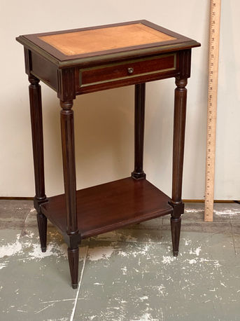 Antique French Louis XVI style walnut side table with brass mounts & tooled leather top