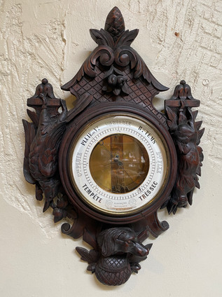 Antique Swiss Black Forest carved oak hunt scene barometer