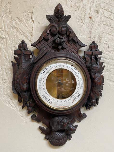 Antique Swiss Black Forest carved oak hunt scene barometer