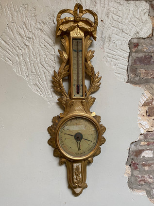 Antique Louis XVI carved giltwood barometer & thermometer with decorative floral & bow adornments
