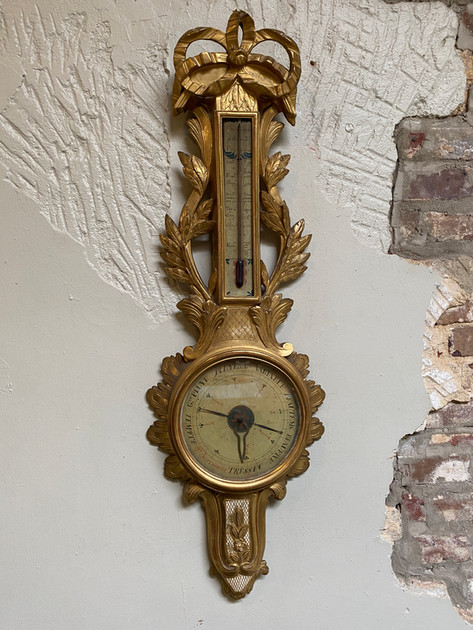 Antique Louis XVI carved giltwood barometer & thermometer with decorative floral & bow adornments