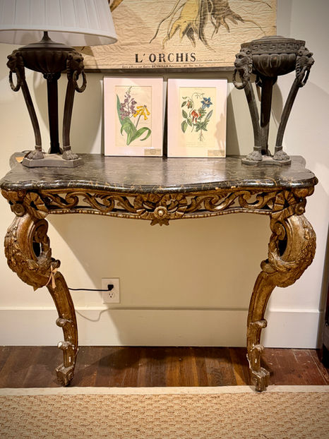 Antique Italian 18th Century Louis XV Style Carved Giltwood Console with Faux Marble Top

