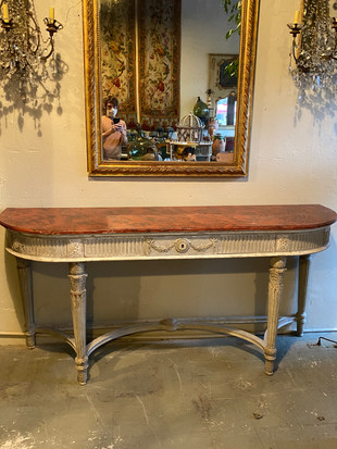Antique French large painted Louis XVI style carved console with faux marble top