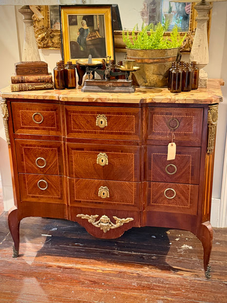Antique French Late 19th Century Transitional Louis XV–XVI Style Breakfront Marquetry Commode with Brèche d’Alep Marble Top and Gilt Bronze Mounts
