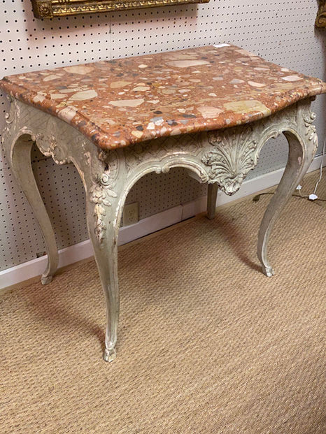 Antique French painted Louis XV style mid 19th century carved free standing console table with Breche d'Alep marble top
