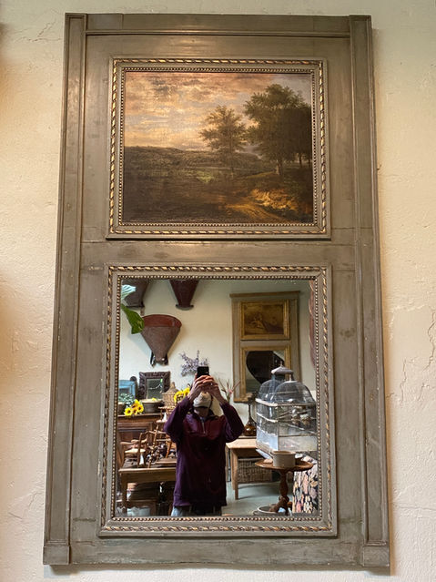 Antique French mid 19th century painted trumeau with landscape oil painting