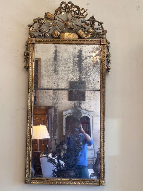 Antique French Louis XVI 18th century carved giltwood mirror w/ commerce themed cartouche & two panels of period glass