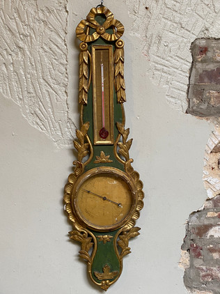 Antique Louis XVI carved painted & gilt barometer & thermometer with decorative floral & bow adornments
