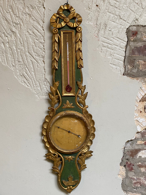 Antique Louis XVI carved painted & gilt barometer & thermometer with decorative floral & bow adornments