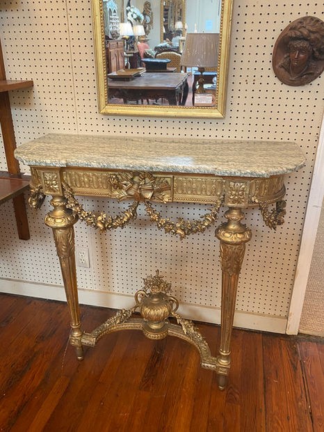 Antique French Louis XVI style mid 19th century gilt vert d'estours marble top console