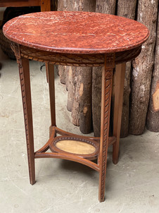 Antique French early 19th century Louis XVI style carved fruitwood marble top oval center / side table with stretcher