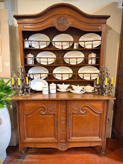 Antique 18th century French Provincial Louis XV carved oak bonnet top two two part buffet vaisselier with baluster adorned shelves